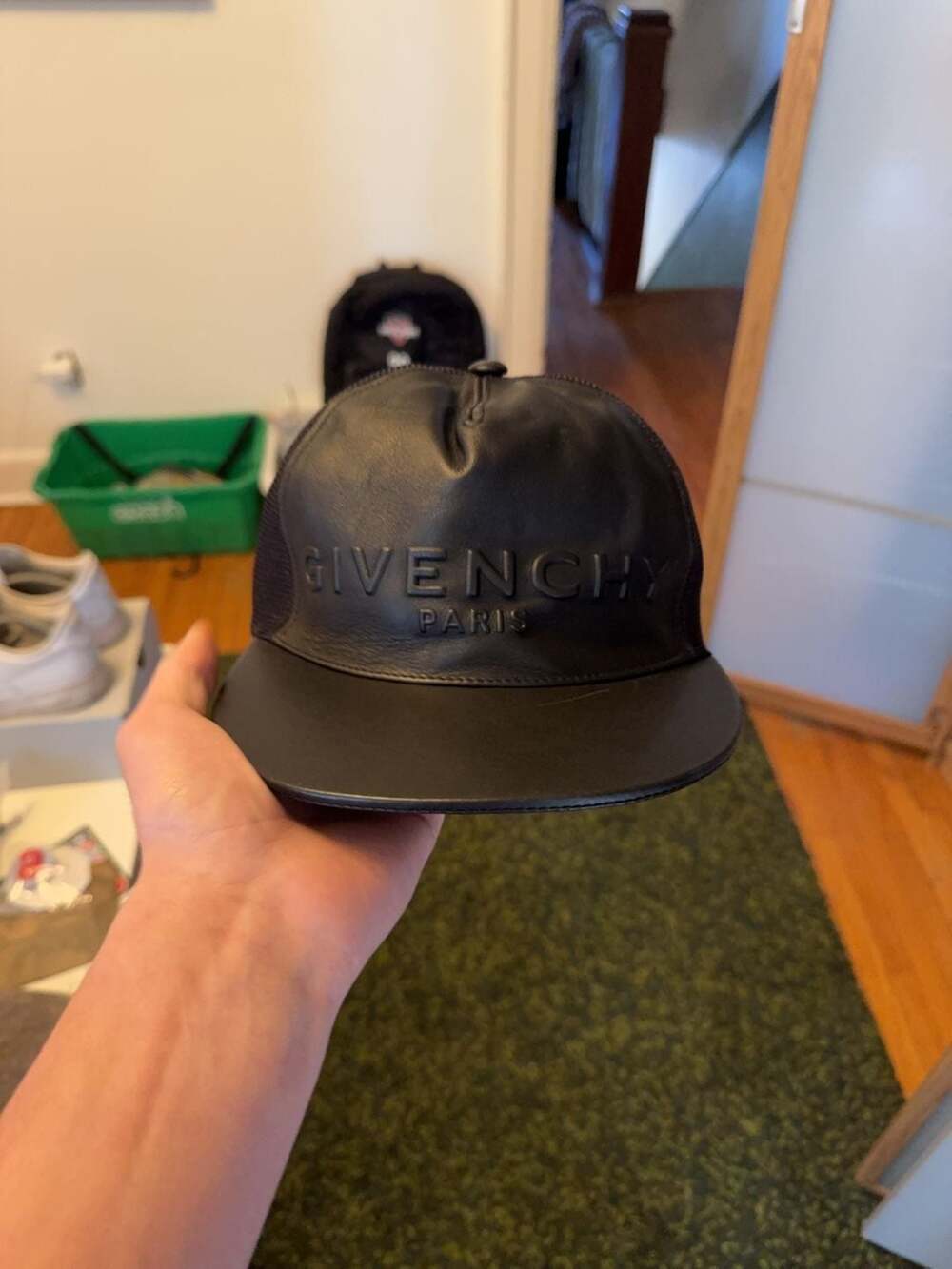 Givenchy Black Leather Embossed Logo Baseball Cap
